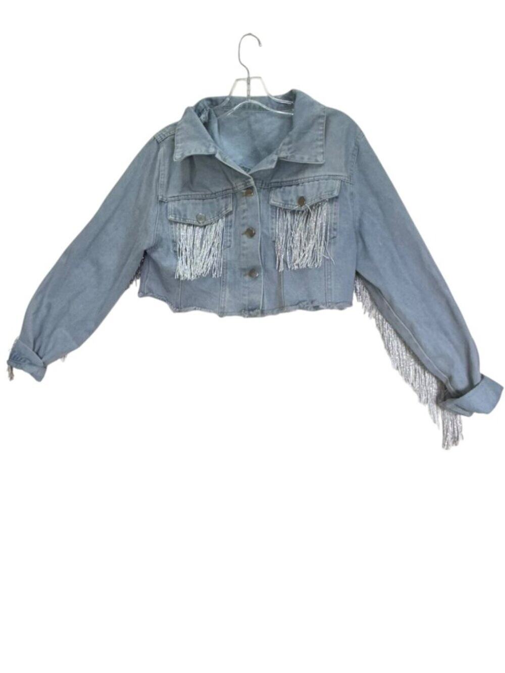 SHEIN Jacket Crop Denim Silver Fringe Size Large Light Wash